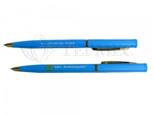 Печать логотипа на синих ручках